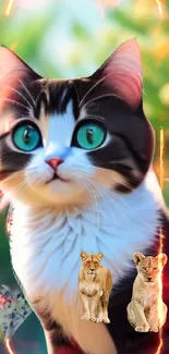 Cute cat with green eyes and lion cubs in a colorful fantasy setting.