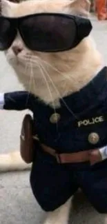 Cat in police uniform with sunglasses, standing confidently.