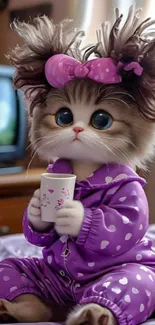 Cute kitten in polka dot purple pajamas with a cup.