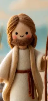 Cute felt figure standing amidst nature in serene wallpaper.