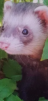 Adorable ferret peeking through lush green leaves in a nature-themed wallpaper.