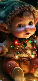 Cute baby elf with holiday lights.