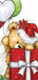 Cute teddy bear with balloons and gift, wearing Santa hat.