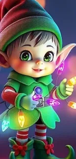 Cute animated elf holding colorful lights.