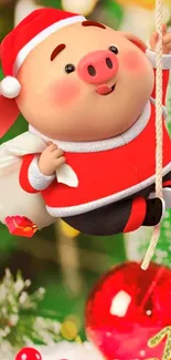 Cute pig in Santa outfit on festive wallpaper.