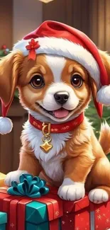 Cute puppy in Santa hat with gifts, holiday theme.