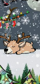 Cute reindeer cartoon with snowflakes and Christmas theme decor.