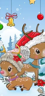 Cute reindeer in Christmas hats with festive snow background.