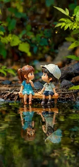 Cute figurines by a reflective river surrounded by greenery.