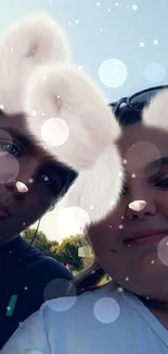 Friends with cute animal filter in daylight.