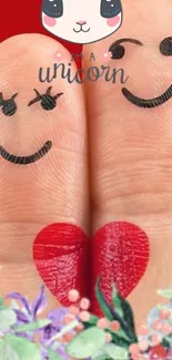 Cute finger art with happy faces and unicorn theme.