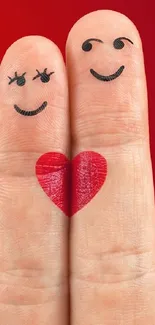 Adorable finger couple illustration on a red background with a heart motif.