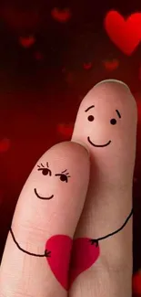 Cute finger couple wallpaper with heart accents and a vibrant red background.