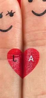 Adorable finger art with faces and heart on red background.