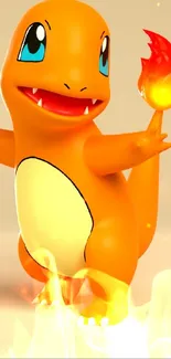 Orange creature with a fiery tail on a mobile wallpaper.