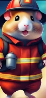 Charming cartoon hamster in firefighter outfit with vibrant colors.