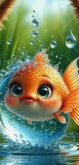 Cartoon fish jumping through water splash in nature setting.