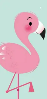 Cute illustration of a pink flamingo on mint green.