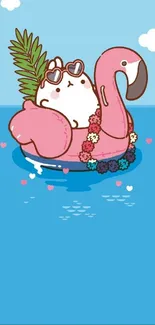 Cute cat on flamingo float in blue water wallpaper.