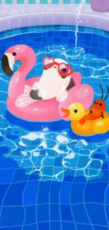 Animal on flamingo float in a pool wallpaper.