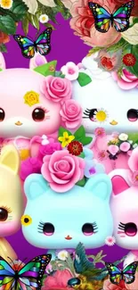 Cute animal wallpaper with flowers and butterflies in vibrant colors.