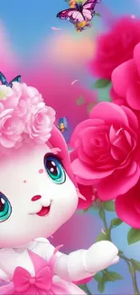 Cute animation with pink roses and butterflies in vibrant colors.