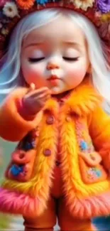 Cartoon baby in floral hat and bright coat