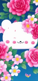 Cute bear with pink flowers on a blue background mobile wallpaper.