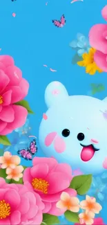 Cute blue bear with vibrant flowers and butterflies.