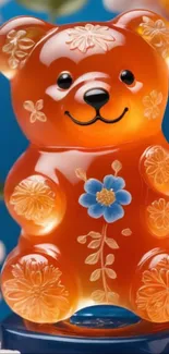 Cute floral bear design on a vibrant wallpaper.