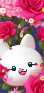 Cute bunny surrounded by vibrant pink roses on a blue background.