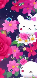 Cute bunny and vibrant floral mobile wallpaper.