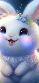 Adorable bunny with floral crown in animated style.