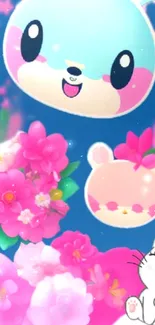 Adorable cartoon and floral mobile wallpaper in blue and pink tones.