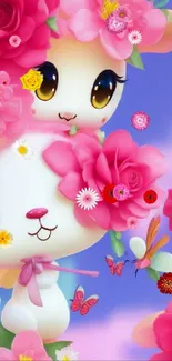 Cute cartoon characters with pink roses and butterflies on a vibrant wallpaper.