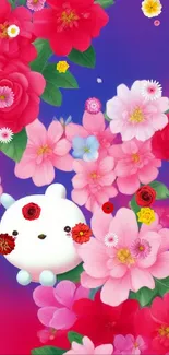 Cute cartoon character with pink and red flowers on mobile wallpaper.