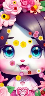 A cute cartoon character with big blue eyes surrounded by pink flowers.