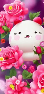 Cartoon character with pink roses and butterflies on a vibrant background.