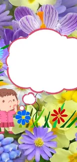 Cute floral cartoon wallpaper with vibrant flowers and a playful girl character.