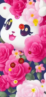 Cute cartoon animal in pink roses wallpaper.