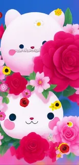 Cute cartoon animals with pink roses and blue background.