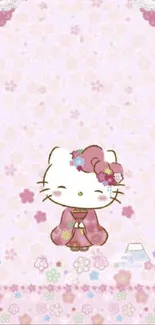 Cute cat with floral motif on pastel pink background.