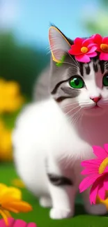 Cute kitten wearing flowers with vibrant petals around.