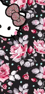 Cute floral cat wallpaper with pink roses on black background.