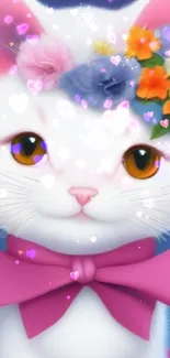 Adorable white cat with floral headband against twilight sky.