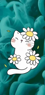 Cute cat with daisies on teal floral background wallpaper.