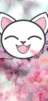 Cute cat with pink floral background, perfect for a whimsical wallpaper.