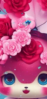 Cute character with pink flowers on a blue background.