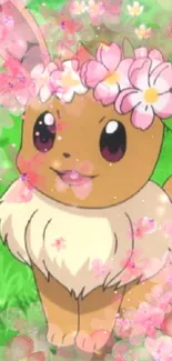 Eevee with floral crown in green field wallpaper.