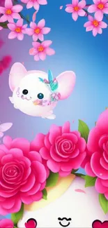 Kawaii wallpaper with pink roses and cute characters on a blue background.